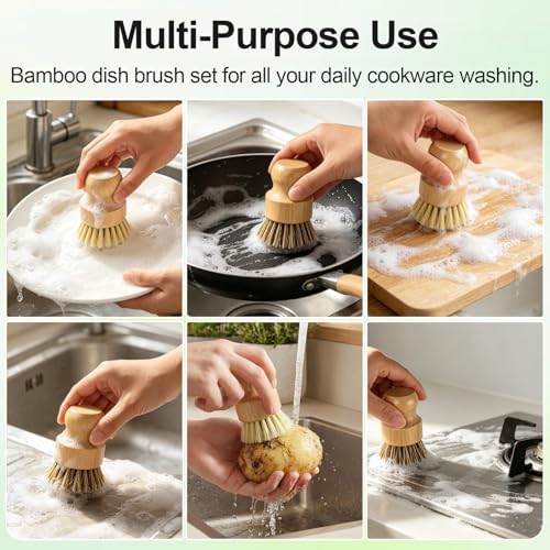 Bamboo Dish Brush Set with Holder, 2 Sisal & 1 Palm Scrub Brush - Image 7