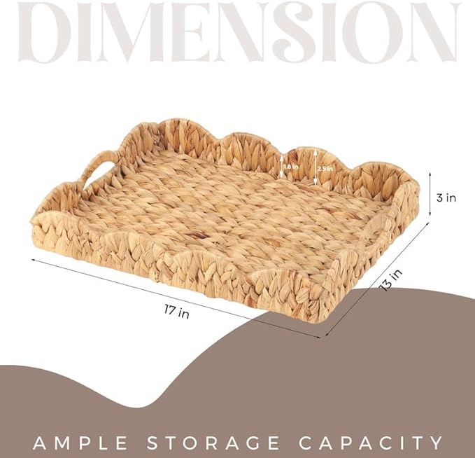 LASIDO Water Hyacinth Handwoven Seagrass Tray with Scalloped Edge and Handles (17x13x3in) Rectangular Handwoven Trays, Water Hyacinth Basket for with Built-in Handles (Rectangular - 1 PCS)