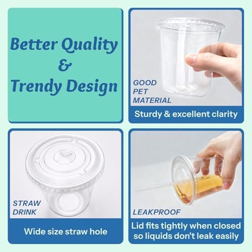 Homestockplus 100 Pack 12 oz BPA-Free Clear Plastic Cups with Lids and Straws - Leak-Proof Disposable Straw Cups, Iced Coffee Cups for Kids Drinks, Smoothies & To-Go Cold Beverages - Image 4