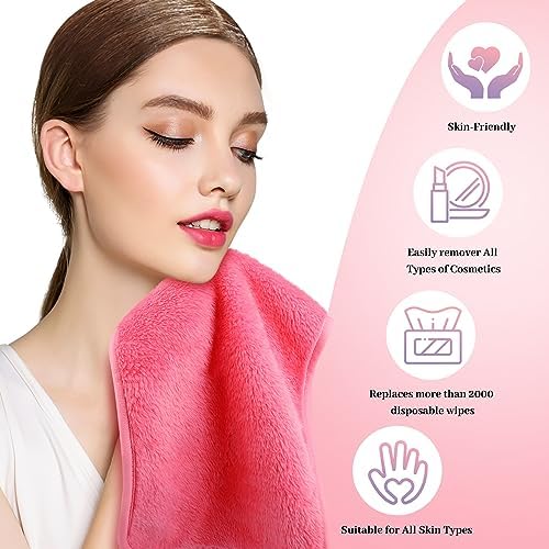 Reusable Makeup Remover Cloths 8 Pack, Ultra Soft Microfiber Facial Cleansing Cloths, Washable Makeup Remover Towels for All Skin Types,13x7 inch,Pink - Image 4