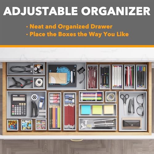 SpaceAid 21-Piece Bamboo Drawer Organizer Storage Boxes Set, Wood Tray Junk Drawer Organizers Multi-Use Divider Bins for Kitchen, Bathroom, Office Desk and Makeup Organization (21 Pack, Gray) - Image 5
