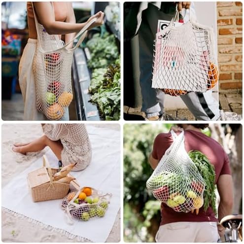 2-Pack Reusable Mesh Grocery Bags, 100% Cotton String, Long Handle Produce Bags, Fruit & Veggie Storage - Image 2