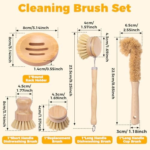 Bamboo Dish Brushes Set Natural Bamboo Dish Scrub Brush Set with Handle Wood Dish Brush Bamboo Dish Scrubber Set for Cast Iron Pan Pot Dish Washing - Image 5