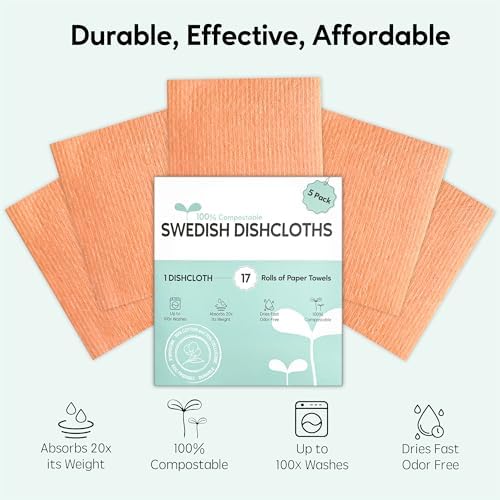 Swedish Dishcloths for Kitchen, 5 Pack Swedish Dish Cloths, Ultra Absorbent Reusable Paper Towels, Cellulose Sponge Cloths, Quick Drying, No Odor, Dishwasher Safe Orange - Image 5