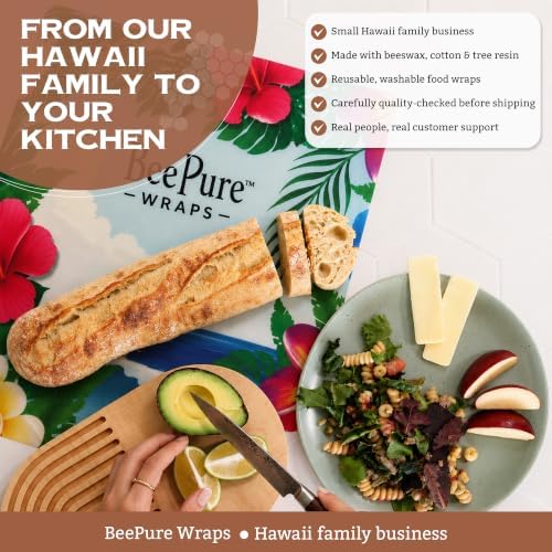 Reusable Beeswax Food Wrap Roll - Cut-to-Size 15 x 80 in, Eco-Friendly Food Storage Wrap, Tropical Hibiscus Bees in Paradise Design - Image 4