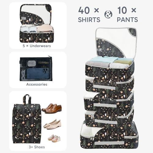 OlarHike Packing Cubes for Travel,Gifts for Women Mom,Anti-Tearing Suitcase Organizer for Luggage with Shoe & Hanging Toiletry Bag,Vacation Essentials & Accessories for Cruise Ship,10 Set,Black Flower - Image 4