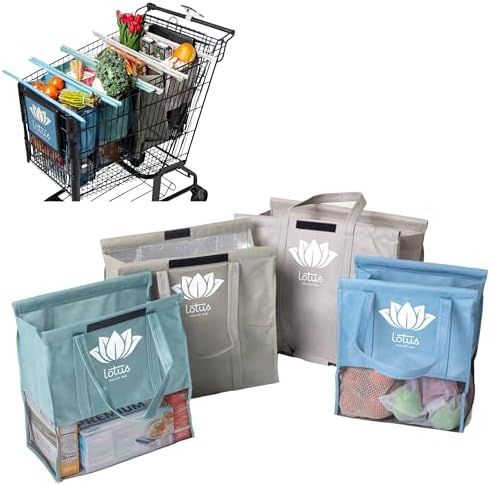 Lotus Earth Tone Trolley Reusable Shopping Bags (4-Pack) – Detachable & Reusable Grocery Bags Foldable with Insulated Grocery Bag & Egg/Wine Holder – Washable Shopping Tote to Save Time & Easy Storage by LotusSustainables