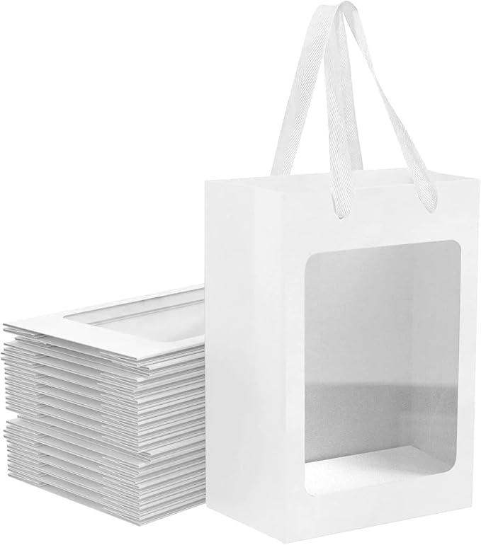 BallHull 40 Pcs White Paper Gift Bags with Transparent Window, 9.84"x7.0"x5.12" Kraft Shopping Bags with Handles for Bouquet Christmas Birthdays Festivals Party Weddings Wrapping