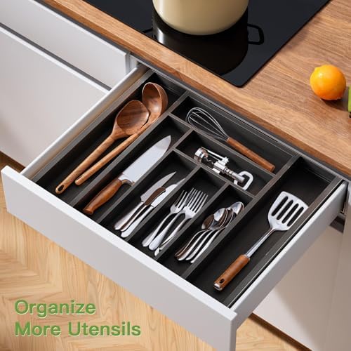 Pipishell Bamboo Expandable Drawer Organizer for Utensils Holder, Adjustable Cutlery Tray, Wood Drawer Dividers Organizer for Silverware, Flatware, Knives in Kitchen, Bedroom, Living Room (Black) - Image 6