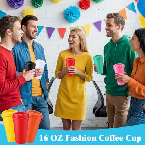 Honeydak 45 Pack 16 oz Reusable Coffee Cups with Lids Water Bottle Iced Coffee Travel Mug Portable Plastic Tea Tumblers Bulk for Hot and Cold Drinks Birthdays Party (Dark Color,Classic) - Image 5