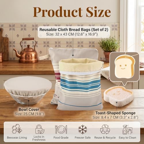 2 Pack XL Beeswax Bread Bags with Bowl Cover & Cleaning Sponge Set - Image 2