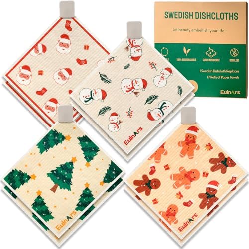 Eulnars Reusable Paper Towels, Christmas Swedish Dishcloths for Kitchen 8-Pack, Non-Scratch Swedish Dish Towels, Super Absorbent Cellulose Dish Cloths, No Odor Cleaning Rags by Eulnars