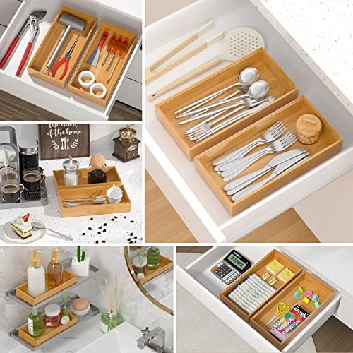 VeyFey Silverware Tray for Drawer, Stackable Kitchen Bamboo Drawer Organizer 12" x 6" x 2" Set of 2 - Image 5