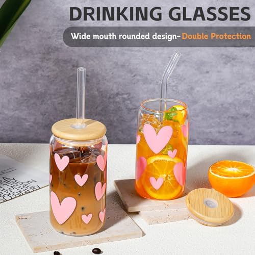 DWTS DANWEITESI Glass Cups with Lids and Straws with Design Pink Hearts 4 pcs,Clear Glass Cups 16 oz-Glass Tumbler,Cute Glass Iced Coffee Cups with Lids and Straws 480ml - Image 3