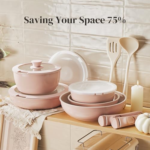 Redchef 16pcs Ceramic Pots and Pans Set Non Stick, Nonstick Kitchen Cookware Set with Detachable Handle, Non Toxic, PFAS PFOA & PTFE Free, RV Cookware Set for Camping, Dishwasher/Oven Safe (Pink) - Image 5