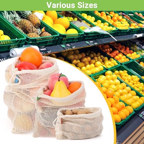Pack of 12 Reusable Grocery Bags, 3 Sizes (4xS+4xM+4xL) Reusable Shopping Bags Heavy Duty Cotton Bags Mesh Bags for Vegetables, Enhanced Closure Edge, Double Stitched, with Tare Weight - Image 7