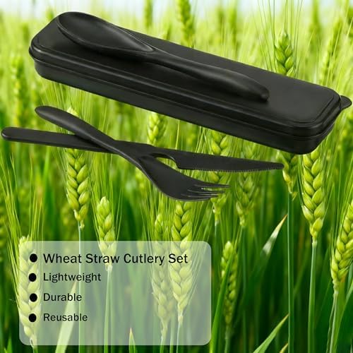 Wheat Straw Travel Cutlery 3pk Portable Knife Fork Spoon with Storage Case - Image 3
