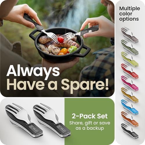Orblue 4-in-1 Camping Eating Utensils, 2-Pack - Portable Spoon, Fork, Knife & Bottle Opener Combo Set - Stainless Steel Flatware with Detachable Fork - Travel, Backpacking Cutlery Multitool, Black - Image 6