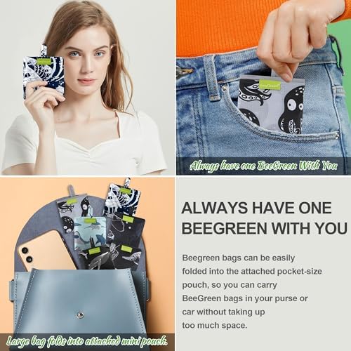 BeeGreen Animal Reusable Shopping Bags Cute Grocery Bag 6 Pack, Christmas Gift Bags Heavy-Duty Foldable Shopping Totes for Supermarket, Work & Travel, Large Washable Polyester Tote Bag with Handles - Image 2