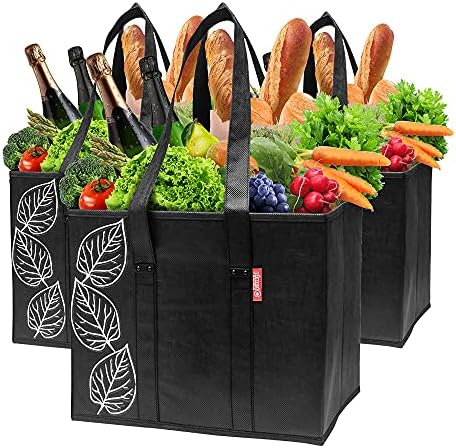 PLANET E Reusable Shopping Bags, Heavy Duty Foldable Grocery Bags with Handles, Large Collapsible Box Totes with Reinforced Hard Bottom, Pack of 3, Black by Planet+E+by+Eco-stream