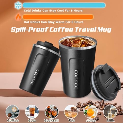 SPLMIFA Travel coffee mugs leak-proof, reusable coffee cups with lids, stainless steel vacuum insulated coffee tumblers, thermal insulation cups for men & women keep drinks hot & cold(2nd-Black, 17OZ) - Image 2