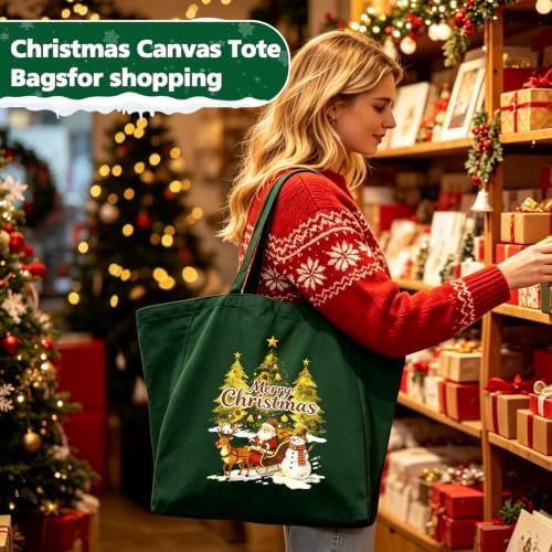 Christmas Canvas Tote Bags with Handles, Large Merry Christmas Shopping Bag - Image 2