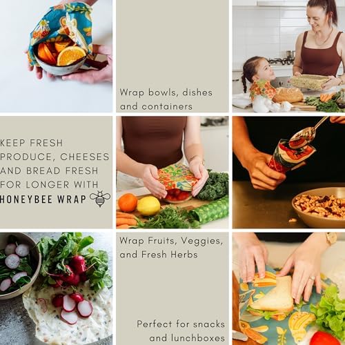 Honeybee Reusable Beeswax Wraps for Food | 5 Pack | Handmade in Australia | Eco Friendly, Organic, Biodegradable, Bee's Wrap for Bowl Covers and Food Storage | Reusable Cling Wrap - Image 4