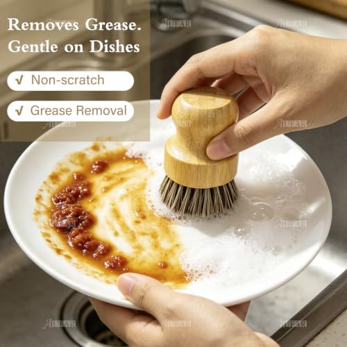 AUEAR, Natural Bamboo Dish Scrub Brush Cleaning Pot Scrubber Brushes Coconut Bristles for Cast Iron Skillet Pots Pans (4 Pack) - Image 4