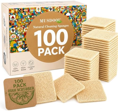 Natural Loofah Dish Sponge, 100 Count Plant-Based Kitchen Cleaning Pads, Biodegradable Compostable Scouring Pads for Dishes, Pots, Pans and Sink, 2.75 x 2.75 Inch by Unknown