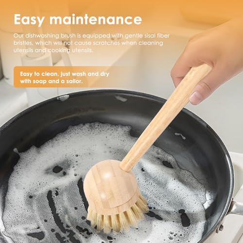 Bamboo Dish Brush Set of 3, Dish Brush Natural Bamboo Dish Scrub Brush Set with Handle, Wooden Dish Scrubber Kitchen Brush Set with Natural Bristles for Kitchen Cleaning Dish, Bottle, Pots, Pans - Image 4