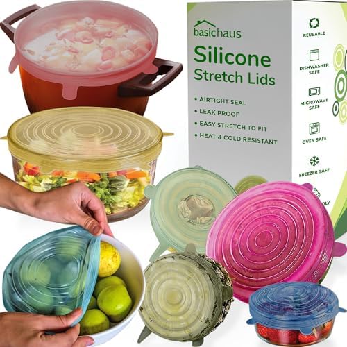 Reusable Silicone Stretch Lids for Food Storage in Fridge - Elastic Heat-Resistant Bowl Covers, Cups, Cans, Jars - Universal Food Grade Lid for Round and Rectangle Containers - 7 Pack - Multicolor by BasicHaus