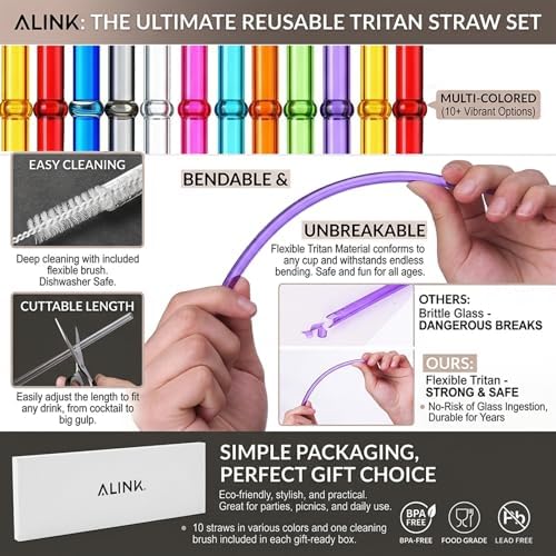 ALINK 10.5" Plastic Reusable Straws, 10 Pack Colorful Tritan Tumbler Straws - Image 5