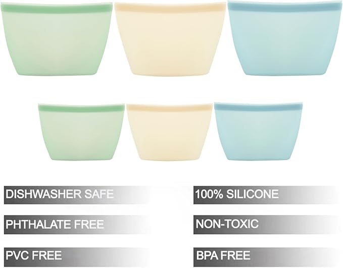 6 Pack Reusable Silicone Food Storage Bags, Emptycolor Reusable Bags, Leakproof Freezer Bag for Sandwich, Snack, Dishwasher Safe, BPA Free