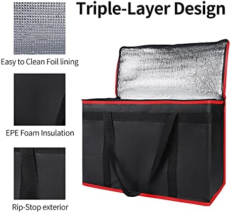 Bodaon Insulated Food Delivery Bag, XX-Large Reusable Grocery Shopping Bags, Picnic Cooler Bag Zipper/Zippered Top Cold, Black with Red Edge, 1-Pack - Image 5