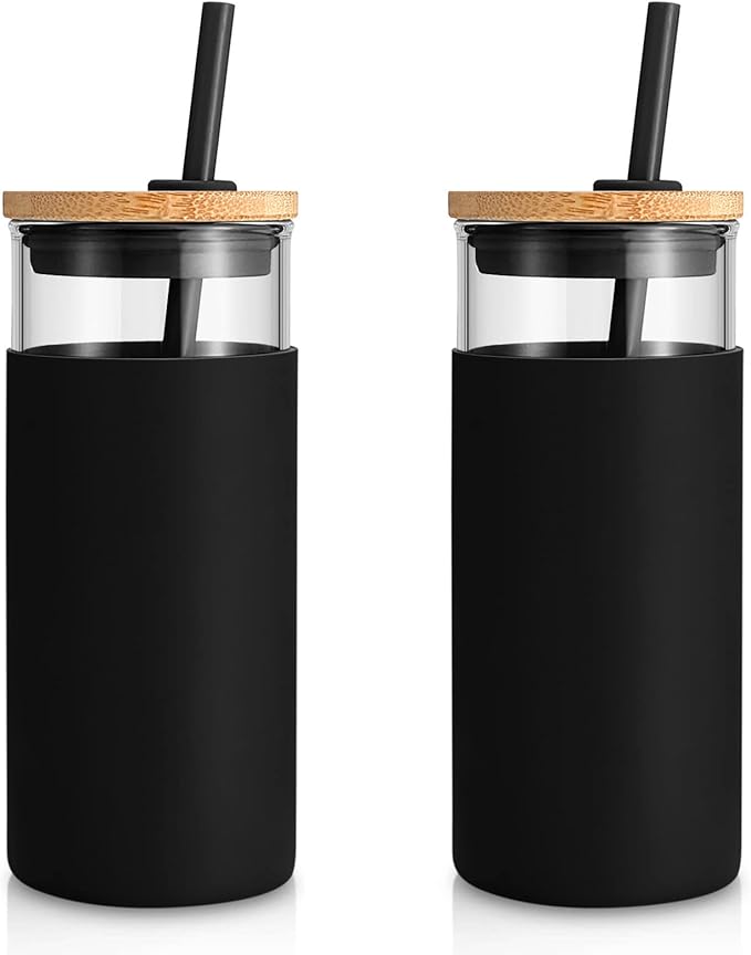 Tronco 20 oz Glass Tumbler with Lid and Straw, Iced Coffee Cup and Smoothie Cup with Bamboo Lids & Protective Silicone Sleeve, Dishwasher Safe, BPA-Free, Glass Cup 2 Pack