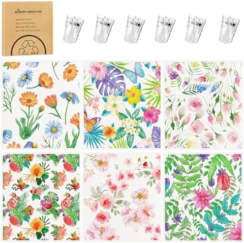 Needbrock 6 Pack Spring Floral Swedish Dishcloths for Kitchen, Swedish Rag by Needbrock