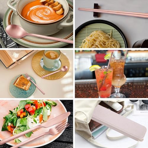 AARainbow 8 Pieces Stainless Steel Flatware Set Portable Reusable Cutlery Set Travel Utensils Set Including Chopsticks Knife Fork Spoon Straws Cleaning Brush Dishwasher Safe (B-Rose Golden) - Image 3