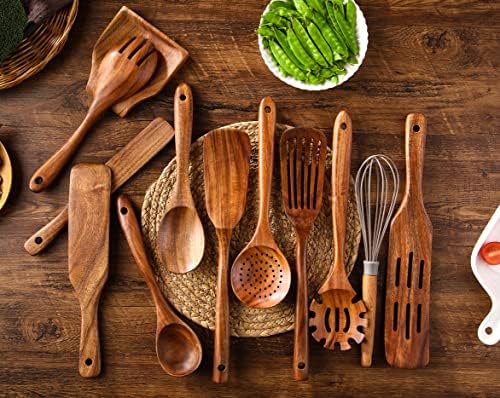 Kitchen Utensils Set, NAYAHOSE 12 Pcs Teak Wooden Cooking Spoons Spatula Spurtles Kit with Spoon Rest Whisk, Non-stick Natural Kitchen Tools - Image 3