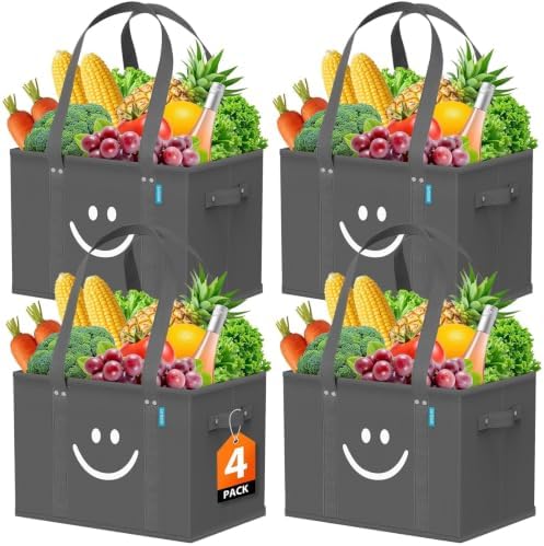 Reusable Grocery Bags 4 PCS, Sturdy Handles & Bottom to Stands Upright by WiseLife