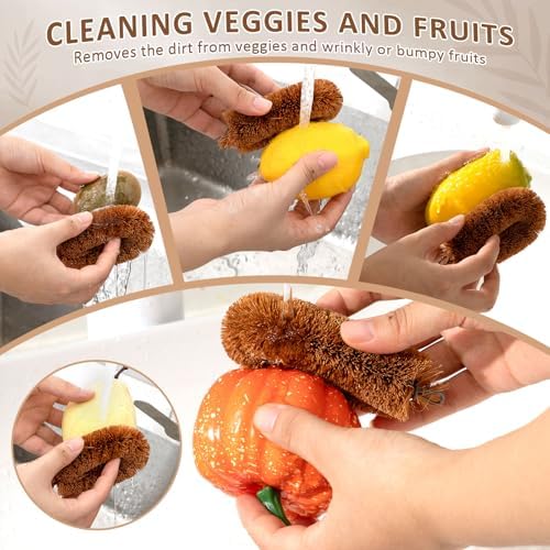 Sawysine 8 Pcs Tawashi 100% Natural Coconut Coir Fiber Brush, Vegetable Scrub Brush Heads Ideal for Fruit Veggie Scrub Wash, Kitchen Cleaning Needs, Japanese Design - Image 3