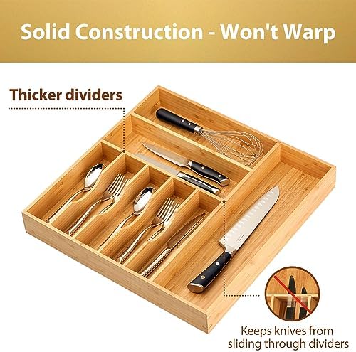 Umilife Large Kitchen Drawer Organizer, 19"x20" Silverware Utensils Organizer, 2.5" High for Large Deep Drawers, Bamboo Flatware Holder with Thick Frames, Sturdy Kitchen Organization Tray - Image 3