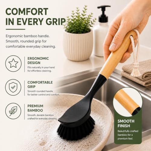 Kitchen Simple Bamboo Dish Brush with Built-in Scraper, 2 Pack Kitchen Brushes, Dense Black Bristles, Comfortable Grip, Hanging Rope, Scrub Brush for Pots, Pans, Dishes & Sink - Image 4