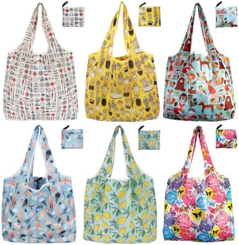 Reusable Grocery Bags, 6 Pack Foldable Shopping Tote Bags with Colorful Prints, Lightweight & Durable Washable Eco Friendly Totes for Groceries, Travel & Everyday Use by NewOpportunityInLivingKindly