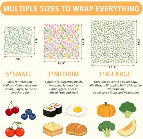 Beeswax Food Wraps, Pink Flowers and Green Leaves Wraps, 9 Pack Plastic-Free Food Storage, Sandwich, Bread, Fruit Covers, Organic, Sustainable, Zero Waste, Biodegradable, 1XL, 3M, 5S - Image 3