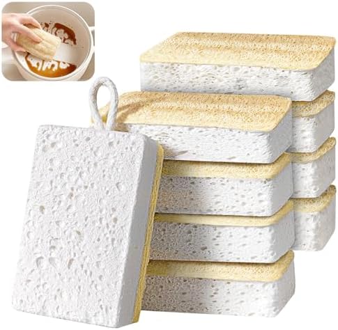 Natural Loofah Kitchen Sponges, 8 Pack Eco Compostable Cellulose Dish Washing Scrubbers, Non-Scratch Plastic-Free Cleaning Sponge Pads for Dishes, Pans, Sink, Cookware & Bathroom by YeahWhee