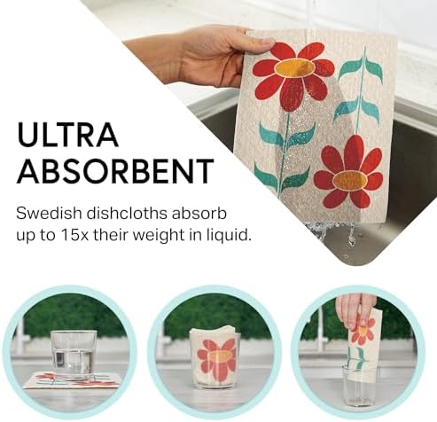 Swedish Wholesale Dishcloths Reusable 8" x 7" Sponge Cloths, Bulk 10 Pack of High Absorbent Cellulose Dish & Kitchen Cleaning Hand Towels, Wring to Dry & Machine Wash, Odor Resistant, Red Flower - Image 5
