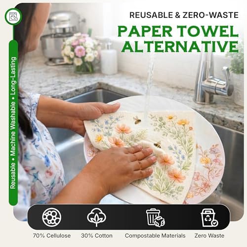 BeePure Eco-Friendly Kitchen Cleaning Bundle - 5 Reusable Swedish Dishcloths & 3 Kitchen Sponges, Absorbent Cellulose Cloths, Washable Paper Towel Alternative - Image 5