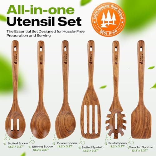 AIUHI Wooden Utensils Set of 6, Teak Wood Kitchen Utensils Set for Non-stick Cookware, Non-Toxic Wooden Spoons for Cooking-Durable, Comfortable Grip & Heat Resistant - Image 3
