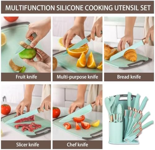 19-Piece Kitchen Utensil and Knife Set, Black (Green) - Image 6