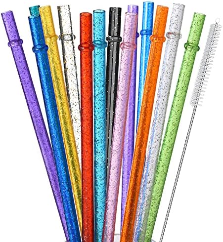ALINK 12-Pack Reusable Glitter Straws, 13 inch Extra Long Hard Plastic Tumbler Straws for Stanley Cups, 64 oz 40 oz 32 oz Tumblers, Yeti, Mason Jar, Gallon Jug with Brush - Assroted Colored by ALINK